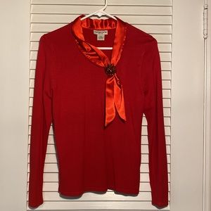 Vintage 80s soft red long sleeve sweater, decorative satiny collar and brooch.